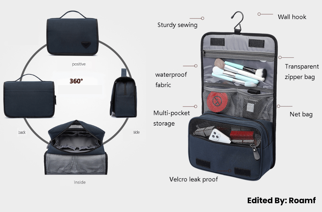 Polyester toiletry makeup bag labelled features